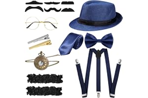 BLULU Set Accessori Costumi Uomo Anni '20 Costume da Gangster Retrò, Cappello, Papillon, Orologio, Bretella, Occhiali, Barba, Bracciale Reggicalze, Fermacravatte (Stile Semplice, Blu scuro)