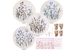 Homwiz 4 Sticken Set Erwachsene, Stickset für Anfänger Blumenmuster Pflanzen Embroidery Kit mit 2 Bambus Stickrahmen Farbfäden Anleitung, Stickerei Set für DIY Kunst Handwerk (Wiesenkräuter-Druck)