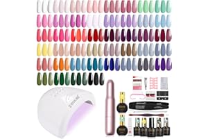 ROSALIND Kit Uñas Semipermanentes con Lámpara 48W, 44+4 Piezas Esmaltes Semipermanentes Blanco Rosa Verde Morado Rojo Gris Colores Uñas Semipermanentes Kit Completo Con Lima Electrica Uñas