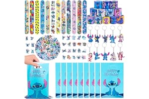 SupaWeiss 82pcs Stichs Party Bag Fillers,Kids Party Bag Fillers with 50pcs Stickers,12pcs Slap Bands,10pcs Keychains,10pcs S-tichs Bags,Party Bags Fillers for Kids Unisex