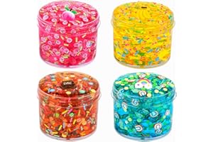 AXCOIUP Crunchy Slime 4 Pack, Clear Slime Kit with Coffee, Banana, Rainbow, Peach Cute Slime Charms, Super Soft and Non-Stick，DIY Slime Party Favor for Girls & Boys