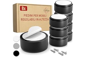 LouMaxx Piedini per mobili regolabili in altezza – piedini per mobili Ø 53,5 mm in plastica – rialzo per mobili di alta qualità da incollare o avvitare – Set di 8 piedini scorrevoli in nero con