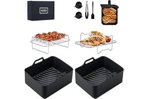 JACKSGIFTS 8 Pcs Silicone Air Fryer Liners for Ninja Dual Zone Air Fryer AF400UKCP AF400UK AF451UK DZ400UK, Reusable Non-Stick Basket Mats Accessories Set Compatible with Ninja Foodi MAX 9.5L Dual Zone, Black