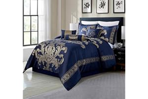 Chezmoi Collection Set copripiumino floreale in jacquard da 7 pezzi (California King, blu navy/oro)