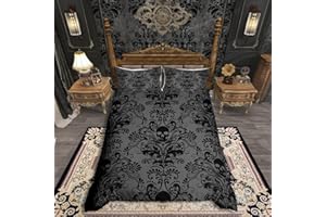 HOMEWISH Adults Grey Black Damask Bedding Set Antique Victorian Baroque Duvet Cover King Gothic Vintage Floral Bedding Exotic Sugar Skull Quilt Cover King,Gothic Bone Skeleton Bohemian Decor,Gray