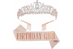 DIMETEY Geburtstag Mädchen Schärpe & Strass Tiara Sets, Geburtstag Schärpe und Tiara Stirnband für Mädchen Frauen Geburtstag Dekoration (Roségold)