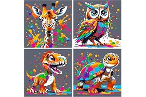 Muyohix 4 Stück Tiere Malen Nach Zahlen Kinder ab 5-10 Jahre Mädchen, Schildkröte Eule Giraffe Dino Malen Nach Zahlen mit Acrylfarben, Pinseln, Handgemalt Ölgemälde für Home Décor, Geschenk-26x26cm, A