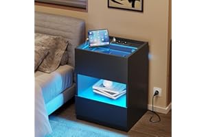 ‎AOGLLATI AOGLLATI Nachttisch mit Ladestation und LED-Leuchten, Nachttisch mit 2 Schubladen und offenem Stauraum, Nachttisch mit 2 USB-Anschlüssen und 2 AC-Steckdosen Schwarz