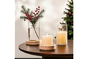 NUPTIO Farol de Cristal y Madera: Set de 2 Faroles Cilíndricos Con Jarrón de Fondo, Grandes Pilares Portavelas, Decoración de Mesa de Comedor Para Navidad