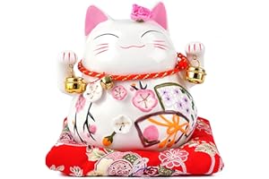 ‎GOODWEI Maneki Neko - Japoński kot szczęścia z dzwoneczkami skarbonka wykonana z cienkiej porcelany, Maneki Neko Feng Shui, zawieszka na szczęście, porcelana, biała, Klein (12 cm)