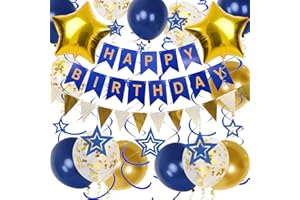 DOUVELUE Navy Blue Gold Birthday Decorations, Happy Birthday Banner and Gold Star Balloons, Glitter Hanging Stars with Hanging Swirls, Bunting Banner, for Women Men Boys Party Decoration