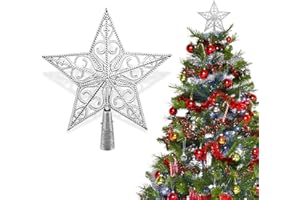 BINLAVA Weihnachtsbaumspitze, Christbaumspitze Stern, Weihnachtsbaumspitze Stern Vintage Leicht Baumspitze Weihnachten, Klassisch Kunststoff Tannenbaumspitze für Weihnachten Deko (Silber)