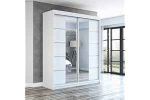 ‎A&J MÖBELLAND A&J MöbelLand ERA Sliding Door Wardrobe 2 Doors with Mirror Wardrobe 180 cm (White/White/White)