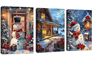 FAJERMINART 3Pcs Noël Ambiance Hiver Neige Scène Tableau Decoration Murale Avec Cadre Rouge Bonhomme de neige Cabanes Paysage Nocturne Impression Sur Toile Affiche Peintures Deco Chambre Maison Bureau 30x40cmx3