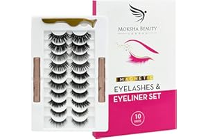 MOKSHA BEAUTY Magnetic Eyelashes Natural Look - 10 Pairs False Eyelashes Magnetic Eyeliner and Lashes Kit | Reusable Magnetic Lashes Set with Tweezers | No Glue, Waterproof Magnetic Eyeliner (10 Pack)