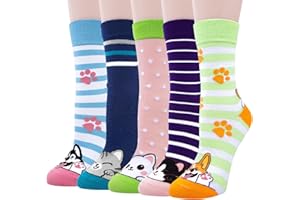 JUSTAY COMF 5 Paires Femmes Chaussettes Mignonnes Chaussette Hiver en Coton Motif à Animaux Chat Chien Kawaii