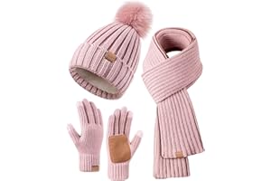 FISFET Mütze, Schal & Handschuh-Sets für Damen, Beanie Mütze Damen Winter mit Bommel Fleece Gefütterte, Touchscreen Handschuhe Schal Wärmer Mütze Damen 3 in 1 Set