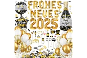 SHOWHEEL Silvester Deko 2025, mit 2025 Frohes Eues, Neujahr Deko Ballon, Silvester Foto Requisiten, Glitzer Confetti Silvester Tischdeko, Happy New Year Deko 2025, Schwarz Gold Luftballons Set