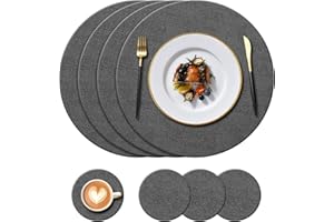 KERYCHIN 4 Round Leather Place mats + 4 Coasters Set, Heat Resistant 212 °F PU Placemats, Non Slip and Washable, Decoration Accessories for Home, Hotel, Indoor, Outdoor, Dining Table, (Black)