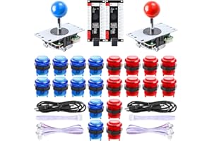 Hikig 2 Jugadores Arcada Juegos Retro Kit de Piezas de Bricolaje, 20 Botones LED + 2X 8 Modos Joystick + 2X codificador USB para Mame Jamma Retropie y Otros Videojuegos, Azul y Rojo