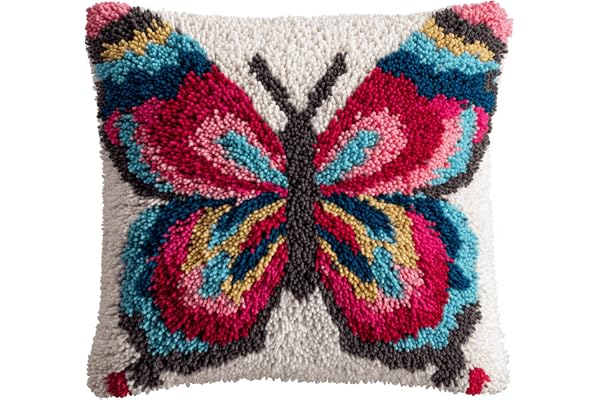 Kit de Canevas à Nouer pour Débutants,Papillon,Latch Hook Coussin kit 43x43 cm,Modèle Pré-imprimé,Set DIY Tapis à Crochet
