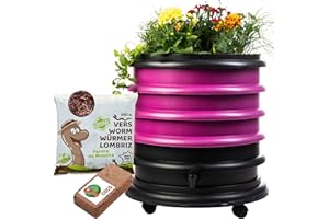 WORMbox | Vermicompostador Compostera 3 bandejas Frambuesa + Jardinera + 250g de Lombrices / 500 und + 1 Coco | 48 litros | Composta residuos orgánicos, lombrices producen Humus de Lombriz