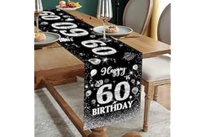 DOMGOGE Happy 60th Birthday Table Runner Black Silver 60th Birthday Table Runner for Men Women Him Her 60 Years Old Birthday Celebration Party Decor Non-Slip Dining Table Linen Cloth Decorations 180x35cm Long