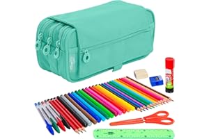 PracticDomus ColePack - Estuche Escolar 3 Compartimentos, Portatodo Triple con Material de Primeras Marcas Incluido (Eco Turquesa)