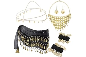 Auzlya 7 Pièces Ensembles D'Accessoires de Danse du Ventre,Ceinture Danse Orientale Femme,avec Boucles D'Oreilles en Pièces D'Or du Ventre Écharpe de Danse,Bracelets et Coiffe,Collier