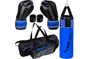 MOVIT Set de Sac de Boxe 5,5kg, rempli, y Compris Sac de Boxe, (Hauteur 60cm x diamètre 20cm), Gants de Boxe 8 oz, Bandages de Boxe et Sac, pour Enfants et Adolescents, Boxing Boxing, Rouge ou Bleu