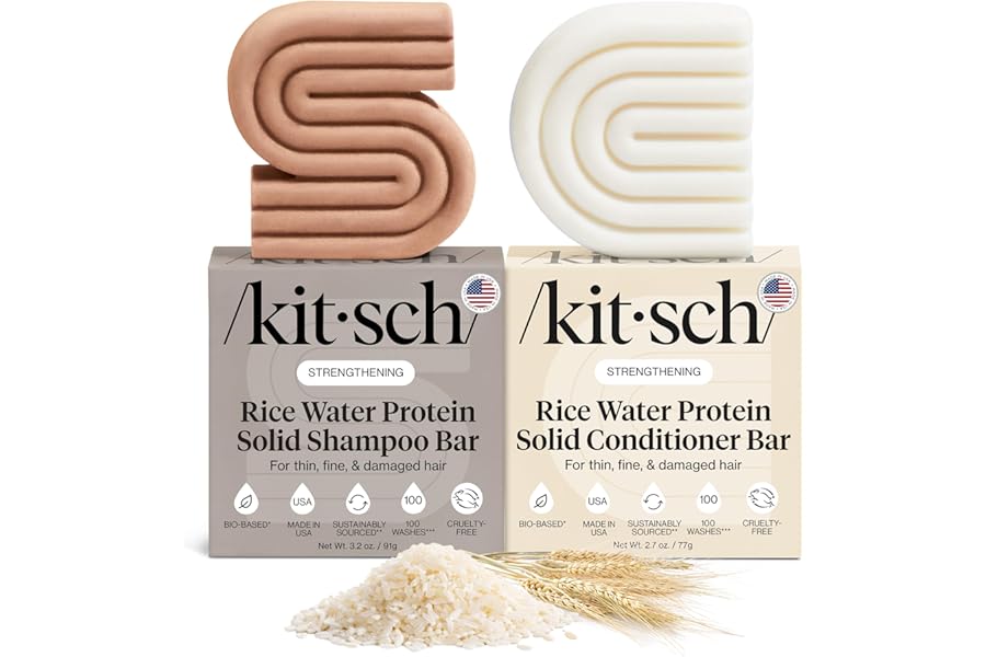 Kitsch Rice Water Shampoo & Conditioner Set - Solid Shampoo Bar & Conditioner Bar with Protein for Strengthening & Damage Repair - Paraben, Sulfate and Silicone Free - Nourishing Hair Care Set, 2pcs