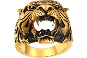 ChainsPro Chevaliere Homme Acier Inoxydable,Bague Tête de Tigre Animal Plaqué Or/Argenté,Petite Doigt Grande Pouce Taille 54-72,Bijoux Gothique Biker Rock Cadeau Original pour Garçon Hommes