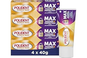POLIDENT - Power Max - Crème Adhésive pour Prothèse Dentaire avec Embout de Précision - Fixation 12 heures + Protection - Crée une Barrière Contre les Particulaires Alimentaires - Lot 4 x 40 g