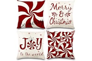 JOISHOP Christmas Cushion Covers, 18 x 18 Inch Set of 4 Red Candy Xmas Throw Pillow Covers Christmas Winter Square Pillow Case for Living Room Sofa Home Bedroom Decor