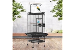 Rebonique 153cm Large Bird Cage with Open Top & Rolling Stand Wheels, Metal Parrot Cages Aviary Flight Cage for Budgie, Cockatiel, Conure, Lovebird, Canary & Small Parrots - Black
