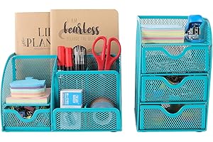 EasyPAG, Schreibtisch-Organizer aus Metallnetz, 2-teiliges Set – vielseitiger Stifthalter und 3 Ebenen, kleine Schublade, Bürobedarf, Aufbewahrungsbehälter türkis