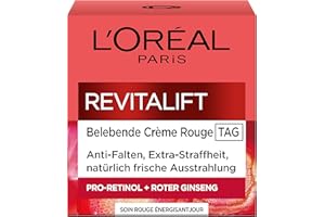 ‎L'OREAL PARIS L'Oréal Paris Créme Rouge Tagespflege für Frauen: bekämpft sichtbare Anzeichen von Müdigkeit & strafft & mildert Falten mit rotem Giseng aus Soja-Proteinen & Hefe-Extrakt, Revitalift, 1x 50ml