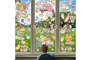 JOYEASE Naklejki na okno, Wielkanoc samoprzylepne, 9 arkuszy, naklejki okienne, Wielokrotnego użytku, z zajączkami, pisankami, pisklętami, dekoracja wielkanocna,