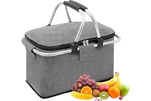 KYSUN Faltbare Picknickkörbe, 20 L Große Kapazität Zusammenklappbare Kühltasche Isoliertasche Einkaufskörbe Frischtasche, Kühltasche EinkaufsköRbe Picknickkorb, für Büro Camping Picknick (Grau)
