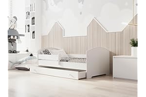 KOBI Letto per Bambini con Sponde LUK | Bianco Lettino Bambina con Cassetto | 160 x 80 CM | Lettino Bambino con Materasso | Lettini per una Ragazza un Ragazzo | Letto Bimbo Singolo