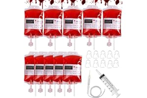 Giugio Halloween drickflaska, 10 stycken blodpåsar att fylla, 350 ml, infusionspåse, blodpåse för att dricka med spruta, klämmor, blodtypsklistermärken, spruta för halloween, cosplay, zombie-fest