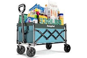 SunnyFeel 110L Heavy Duty Collapsible Outdoor Utility Wagon Cart 330LB Capacity Adjustable Handlebar,Foldable Beach Wheels Stable Oxford Fabric for Shopping Garden Camping (Blue 28 * 18 * 36 Inch)