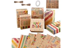WUBAYI 6-Sheet Eco-Friendly Gift Wrapping Paper Set - Birthday Kraft Paper with 9 Recyclable Tags, 1 Tape Roll & 20m Straw Rope Kit for Men, Women, Girls, Boys Presents