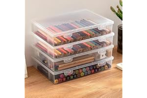 MHwan Transparent låda, 4 stycken stapelbar plastförvaringslåda | Robust och hållbar, BPA-fri, för kontorsmaterial, kreativ fritid (27 x 19 x 5 cm)