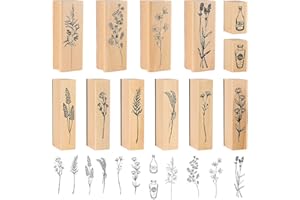 Meetory Set di 12 francobolli in gomma vintage in legno, per piante e fiori decorativi in legno, in gomma, per lavori fai da te, diario di lettere e scrapbooking