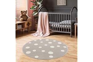 Jimri Kinderteppich DOTS l Pünktchen Gepunktet l Öko-Tex Siegel | Farbe: Beige Blau Rosa | Kinderzimmer/Jugendzimmer (Beige, Ø 150 cm Rund)