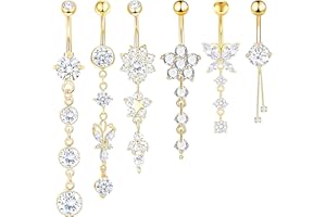 CharmBurst 5 Stück Hängendes Bauchnabelpiercing, Chirurgenstahl Bauchnabelpiercing Silber, Belly Button Ring mit Zirkonia, Wasserfestes Lang Belly Piercing Set