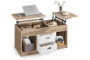 ‎VASAGLE VASAGLE Couchtisch, höhenverstellbarer Wohnzimmertisch, 2 Schubladen und versteckte Fächer, Kaffeetisch, offene Fächer, für Wohnzimmer, Homeoffice, Kamelbraun-wolkenweiß LCT210L01