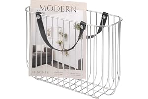 eluno Revistero de metal con asas de piel, aprox. 36 x 26,5 x 15,5 (ancho/alto/profundidad), (cromo)