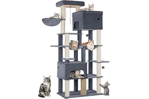 Hzuaneri Arbre à Chat, XXL, Grand Tour à Chat de 200 cm de Haut, avec 10 Griffoirs, 2 Plateformes Géantes, 2 Niches, 2 Hamacs, Pompons, Panier, pour Maine Coon, Gris Foncé MS20018SG